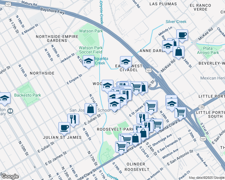 map of restaurants, bars, coffee shops, grocery stores, and more near 432 Coyote Creek Circle in San Jose