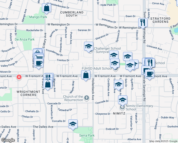 map of restaurants, bars, coffee shops, grocery stores, and more near 1296 Riesling Terrace in Sunnyvale