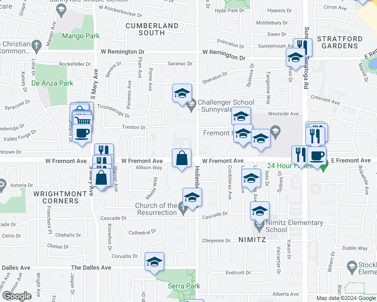 map of restaurants, bars, coffee shops, grocery stores, and more near 1296 Riesling Terrace in Sunnyvale
