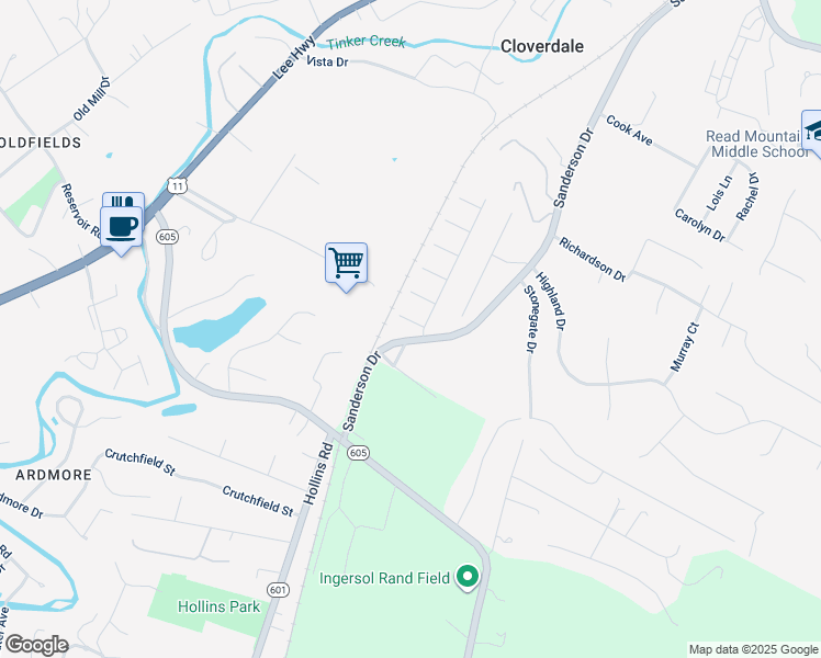 map of restaurants, bars, coffee shops, grocery stores, and more near 25 Brazo Court in Roanoke
