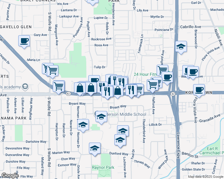 map of restaurants, bars, coffee shops, grocery stores, and more near 1039 East El Camino Real in Sunnyvale
