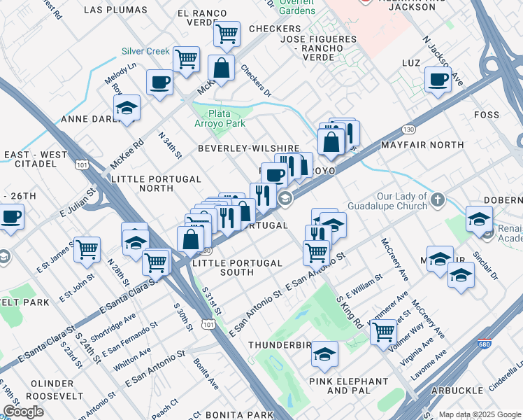 map of restaurants, bars, coffee shops, grocery stores, and more near 1695 Alum Rock Avenue in San Jose
