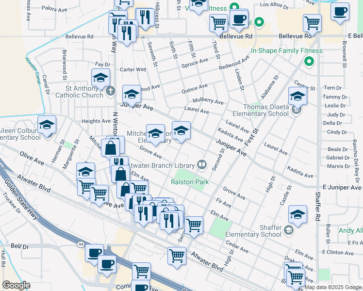 map of restaurants, bars, coffee shops, grocery stores, and more near 1753 Fifth Street in Atwater