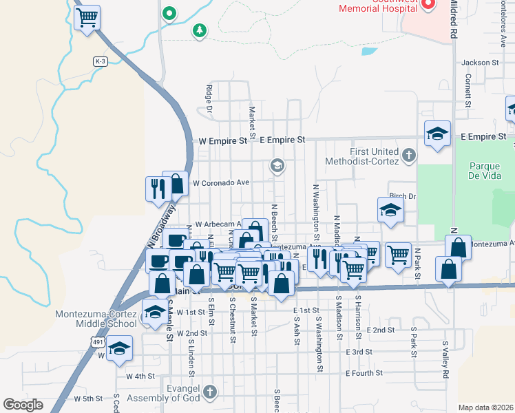 map of restaurants, bars, coffee shops, grocery stores, and more near 316 North Market Street in Cortez