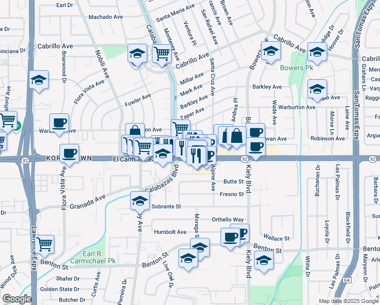map of restaurants, bars, coffee shops, grocery stores, and more near 3079 El Camino Real in Santa Clara