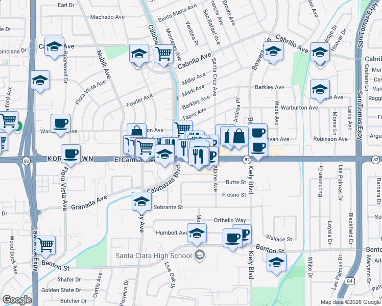 map of restaurants, bars, coffee shops, grocery stores, and more near 3141 El Camino Real in Santa Clara