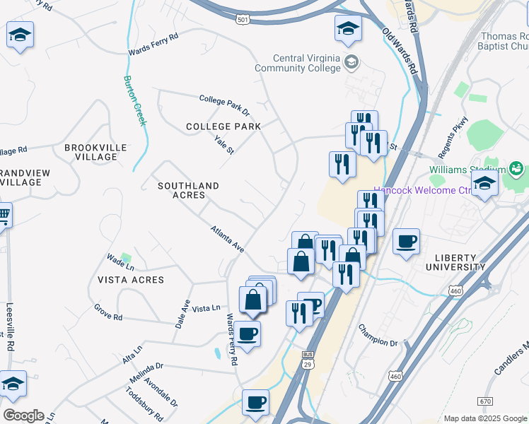 map of restaurants, bars, coffee shops, grocery stores, and more near 1307 Wards Ferry Road in Lynchburg
