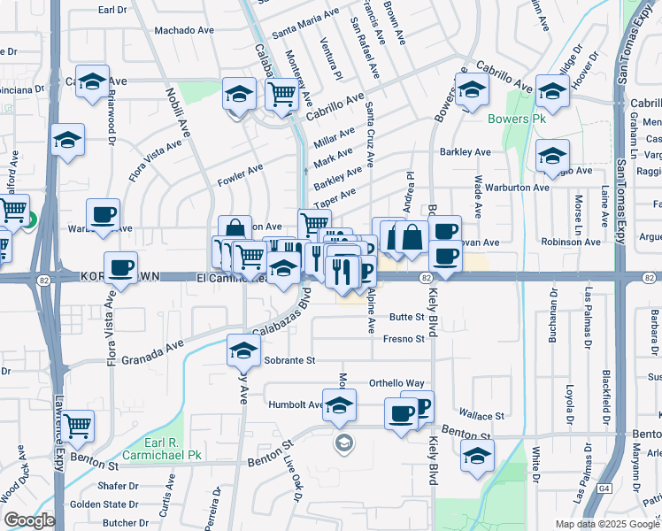map of restaurants, bars, coffee shops, grocery stores, and more near 3079 El Camino Real in Santa Clara