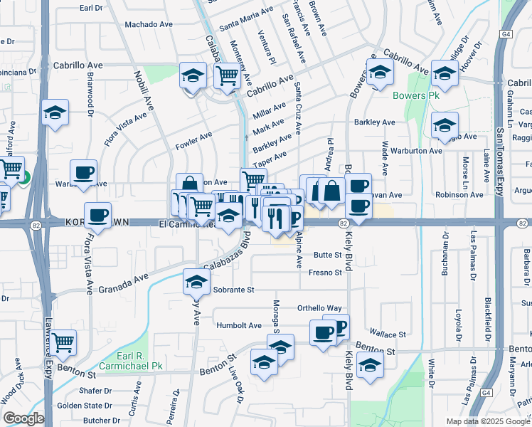 map of restaurants, bars, coffee shops, grocery stores, and more near 3089 El Camino Real in Santa Clara
