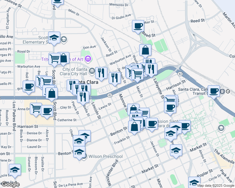 map of restaurants, bars, coffee shops, grocery stores, and more near 1368 El Camino Real in Santa Clara