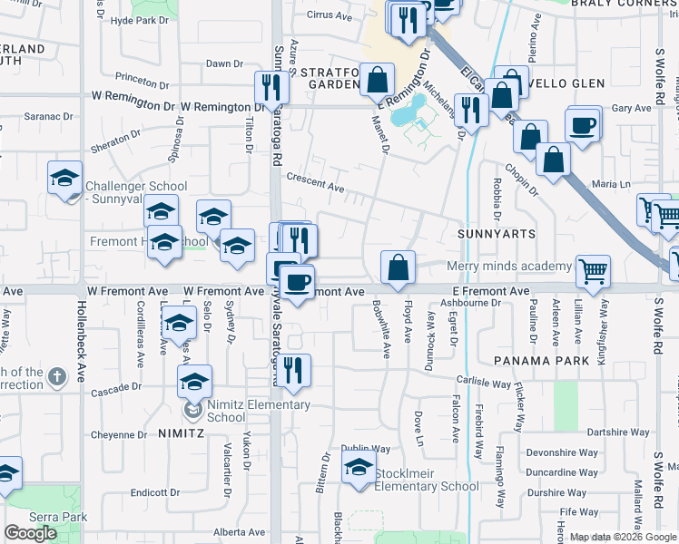 map of restaurants, bars, coffee shops, grocery stores, and more near 575 Manet Terrace in Sunnyvale