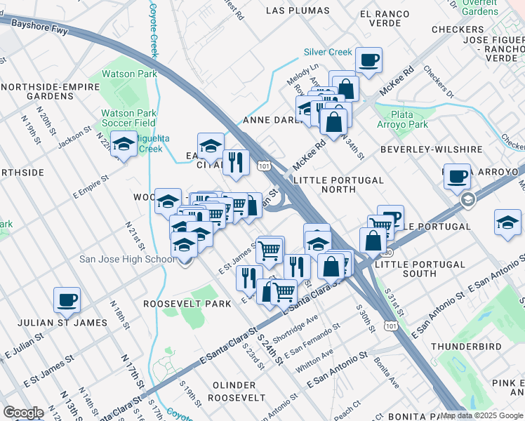 map of restaurants, bars, coffee shops, grocery stores, and more near 266 McKee Road in San Jose