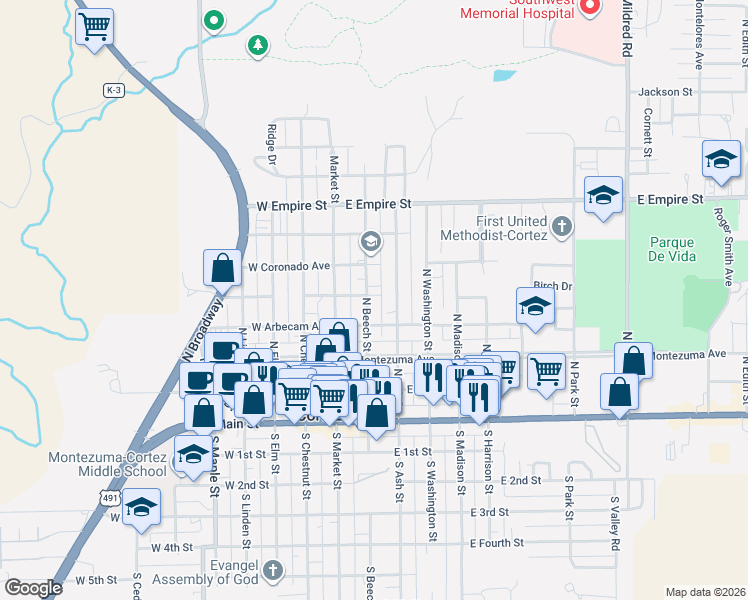 map of restaurants, bars, coffee shops, grocery stores, and more near 104 East Downey Avenue in Cortez