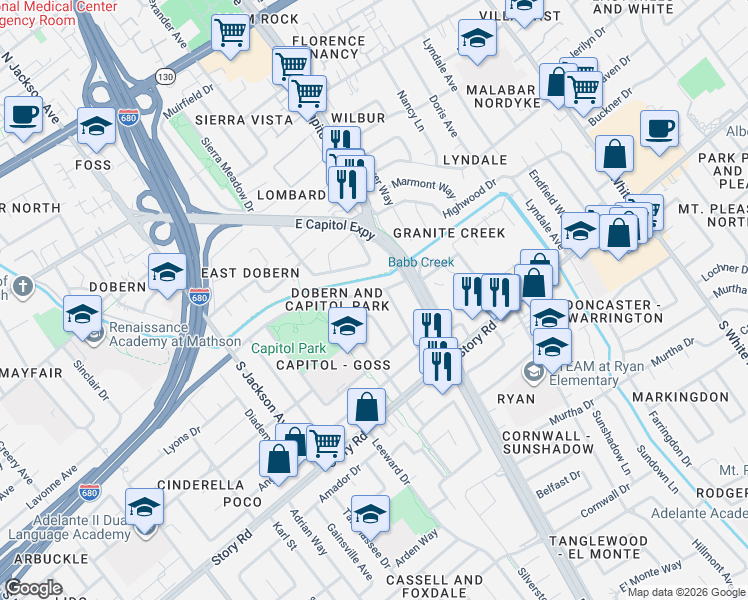 map of restaurants, bars, coffee shops, grocery stores, and more near 2642 Bambi Lane in San Jose