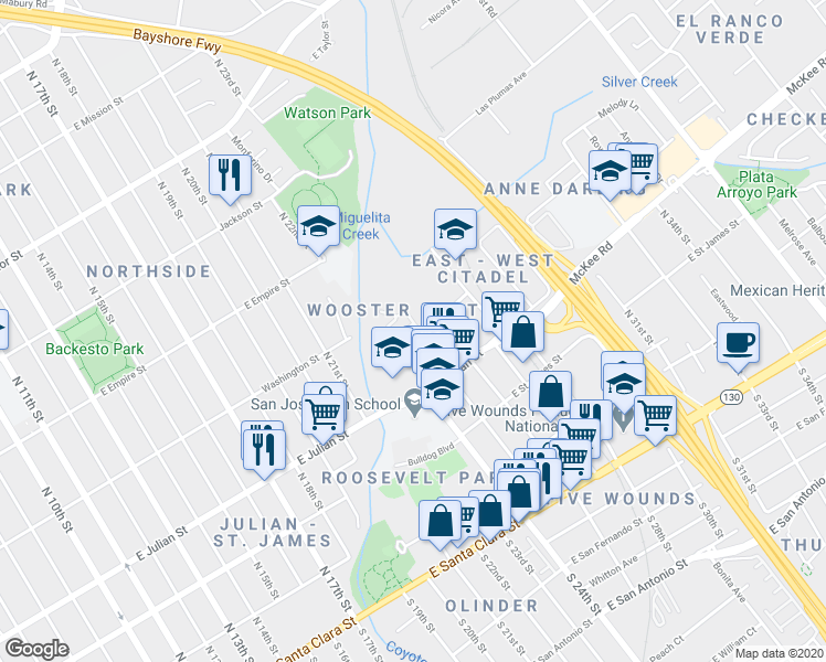 map of restaurants, bars, coffee shops, grocery stores, and more near 450 Coyote Creek Circle in San Jose
