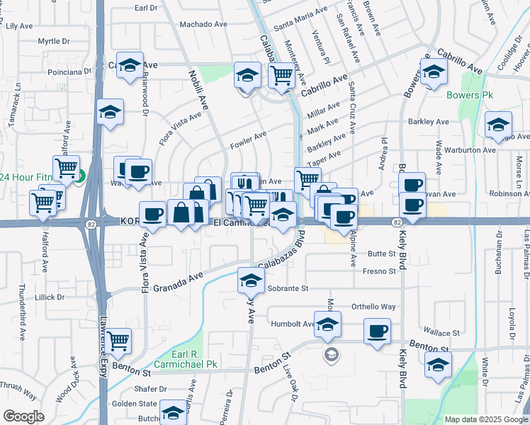 map of restaurants, bars, coffee shops, grocery stores, and more near 3245 El Camino Real in Santa Clara