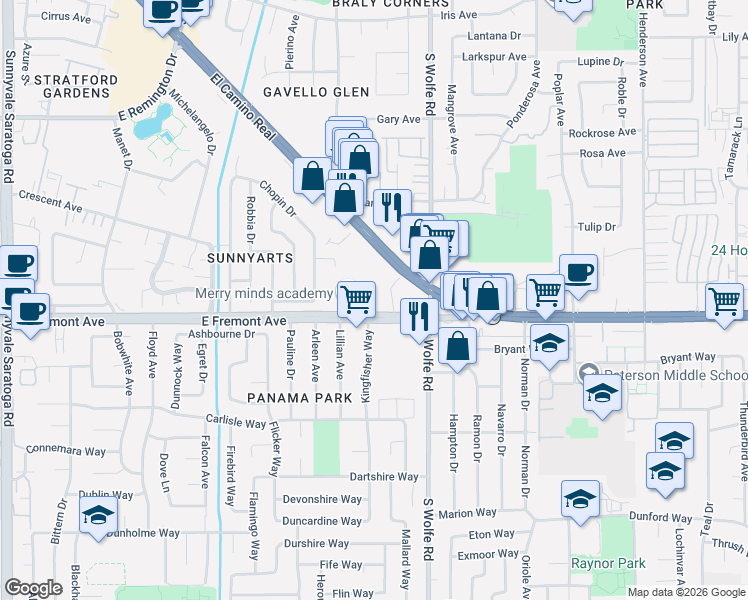 map of restaurants, bars, coffee shops, grocery stores, and more near 837 East Fremont Avenue in Sunnyvale
