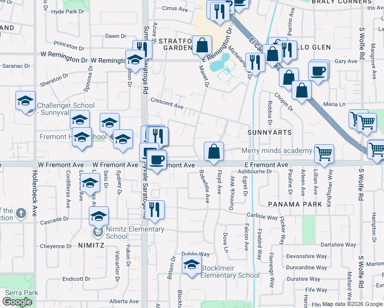 map of restaurants, bars, coffee shops, grocery stores, and more near in Sunnyvale