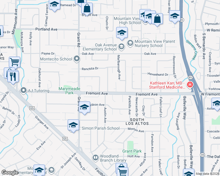 map of restaurants, bars, coffee shops, grocery stores, and more near 1574 Kathy Lane in Los Altos