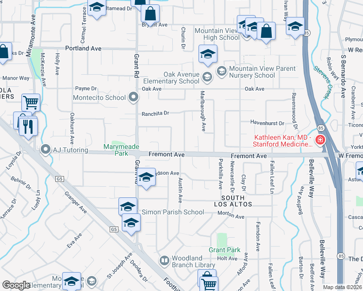 map of restaurants, bars, coffee shops, grocery stores, and more near 1567 Siesta Drive in Los Altos