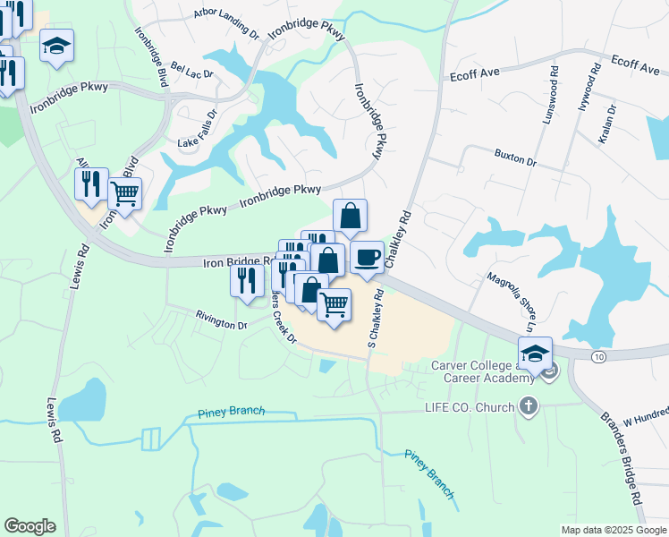 map of restaurants, bars, coffee shops, grocery stores, and more near 12021 Iron Bridge Road in Chester