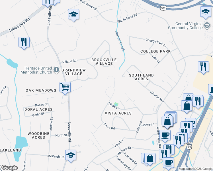 map of restaurants, bars, coffee shops, grocery stores, and more near 1304 Grove Road in Lynchburg