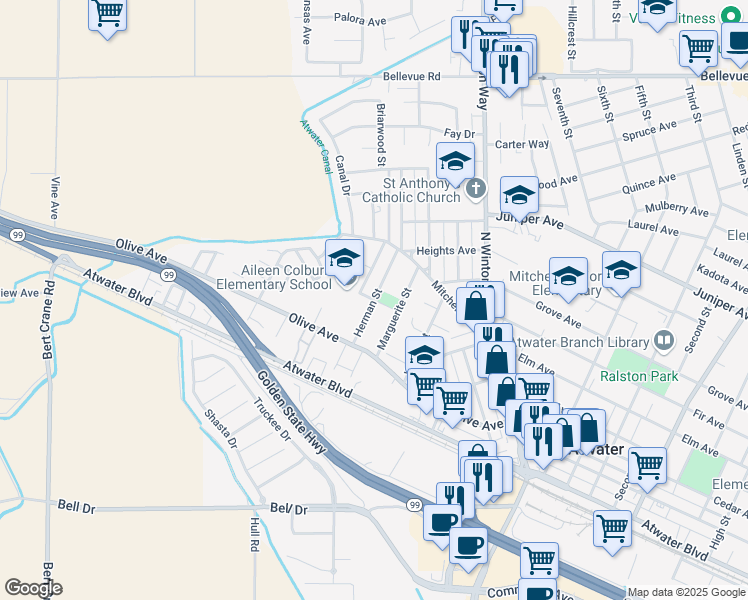 map of restaurants, bars, coffee shops, grocery stores, and more near 2201 Heller Avenue in Atwater