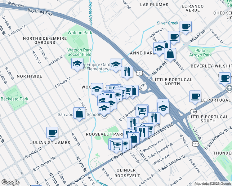 map of restaurants, bars, coffee shops, grocery stores, and more near 1207 Permata Court in San Jose