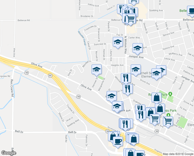 map of restaurants, bars, coffee shops, grocery stores, and more near 2201 Heller Avenue in Atwater