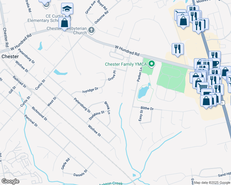 map of restaurants, bars, coffee shops, grocery stores, and more near 3200 Treebeard Terrace in Chester