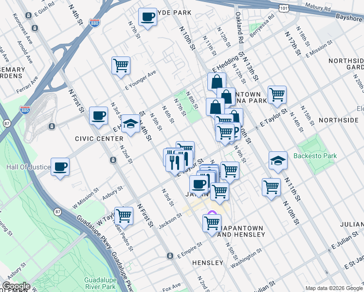 map of restaurants, bars, coffee shops, grocery stores, and more near 771 North 6th Street in San Jose