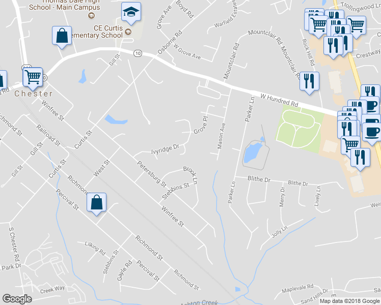 map of restaurants, bars, coffee shops, grocery stores, and more near 12417 Ivyridge Terrace in Chester