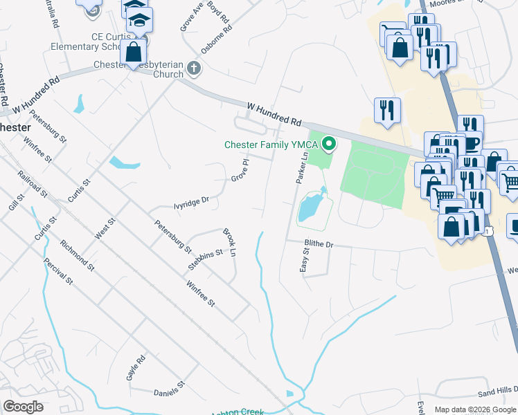 map of restaurants, bars, coffee shops, grocery stores, and more near 3200 Treebeard Terrace in Chester