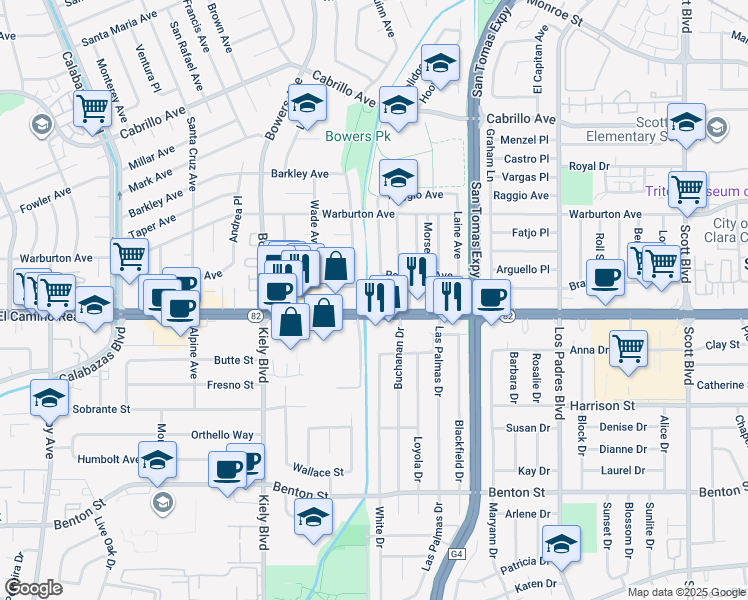 map of restaurants, bars, coffee shops, grocery stores, and more near 2585 El Camino Real in Santa Clara