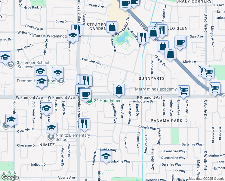 map of restaurants, bars, coffee shops, grocery stores, and more near 581 East Fremont Avenue in Sunnyvale
