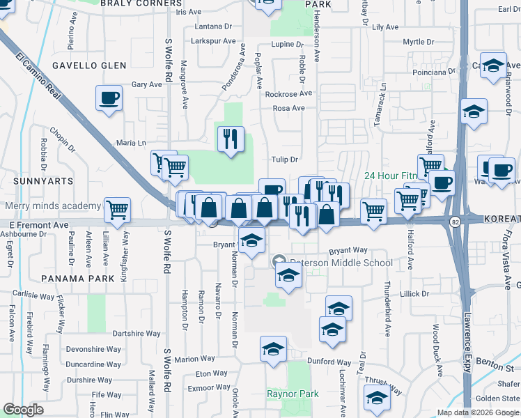 map of restaurants, bars, coffee shops, grocery stores, and more near 979 Wisteria Terrace in Sunnyvale