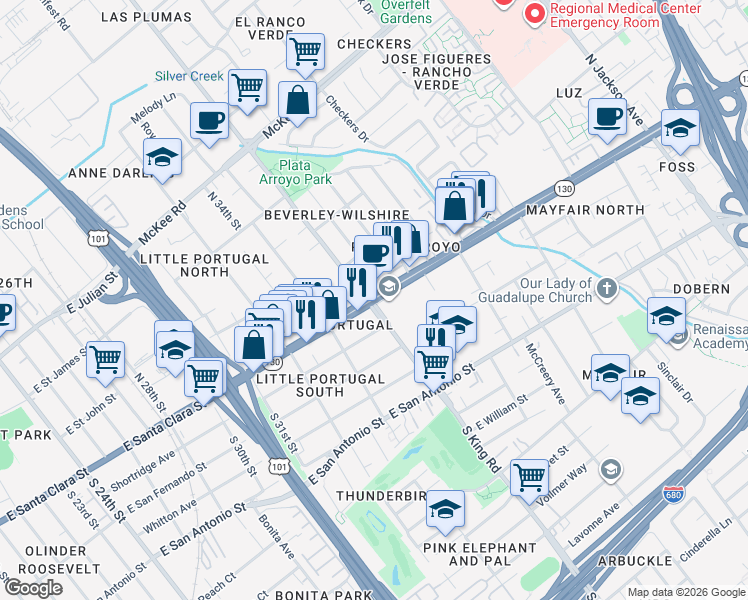 map of restaurants, bars, coffee shops, grocery stores, and more near in San Jose