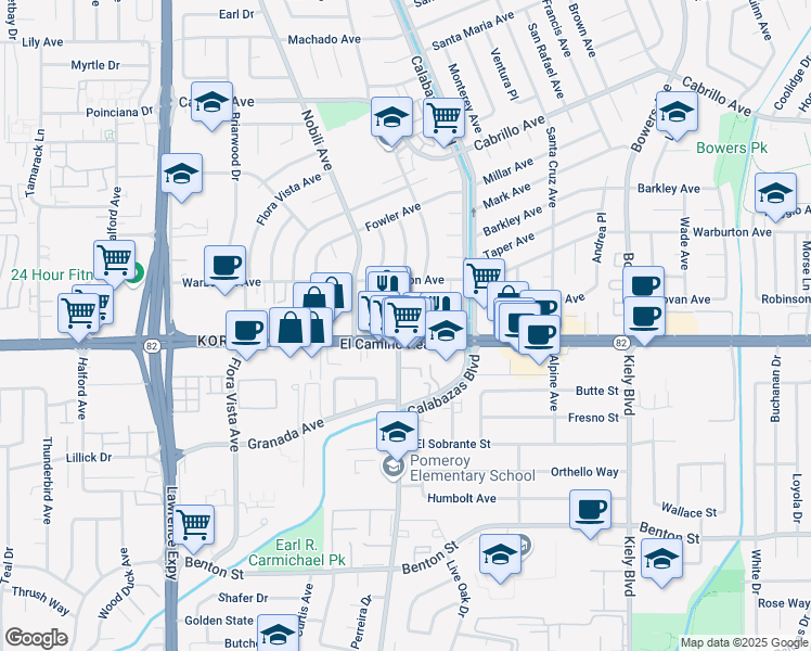map of restaurants, bars, coffee shops, grocery stores, and more near 3245 El Camino Real in Santa Clara