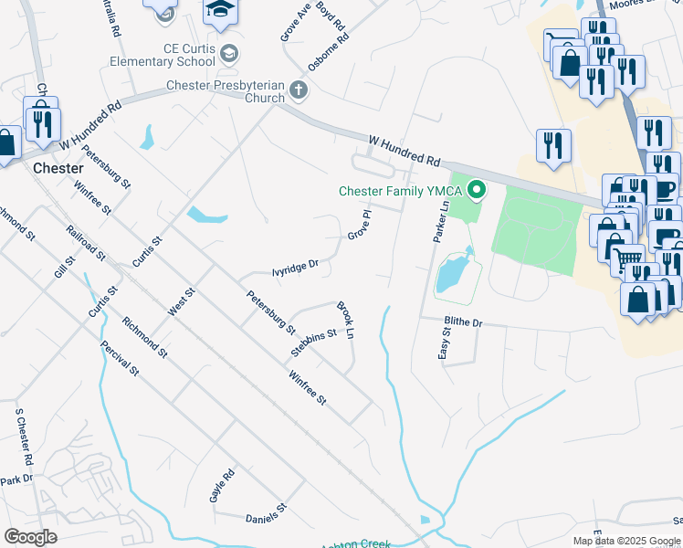 map of restaurants, bars, coffee shops, grocery stores, and more near 12417 Ivyridge Terrace in Chester