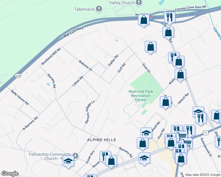map of restaurants, bars, coffee shops, grocery stores, and more near 7930 Webster Drive in Hollins