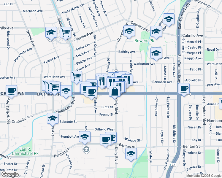 map of restaurants, bars, coffee shops, grocery stores, and more near 2817 East El Camino Real in Santa Clara