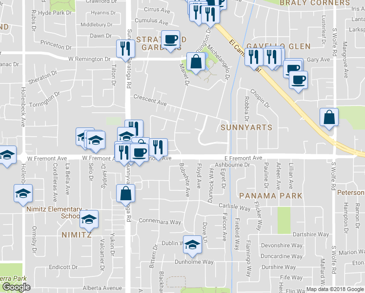 map of restaurants, bars, coffee shops, grocery stores, and more near 581 East Fremont Avenue in Sunnyvale