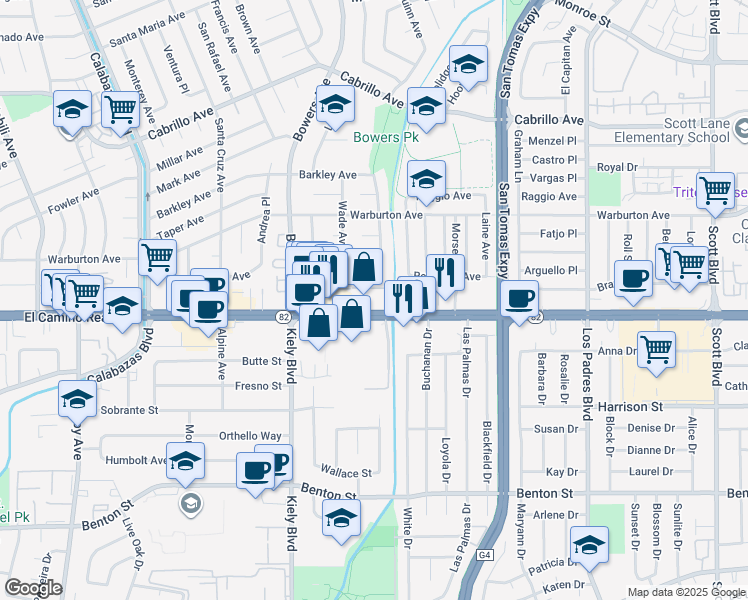 map of restaurants, bars, coffee shops, grocery stores, and more near 2635 El Camino Real in Santa Clara