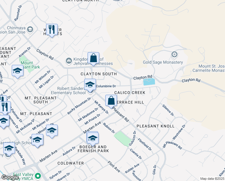 map of restaurants, bars, coffee shops, grocery stores, and more near 3607 Eastridge Drive in San Jose