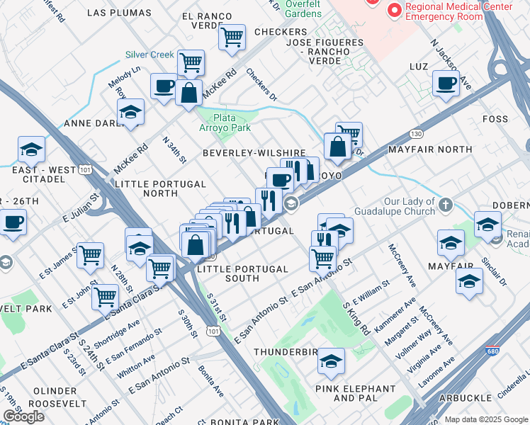 map of restaurants, bars, coffee shops, grocery stores, and more near 1665 Alum Rock Avenue in San Jose