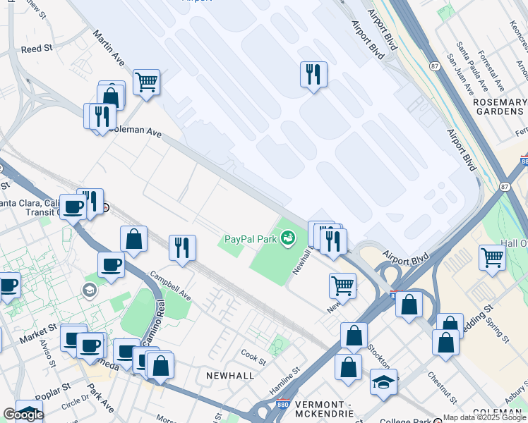 map of restaurants, bars, coffee shops, grocery stores, and more near in San Jose