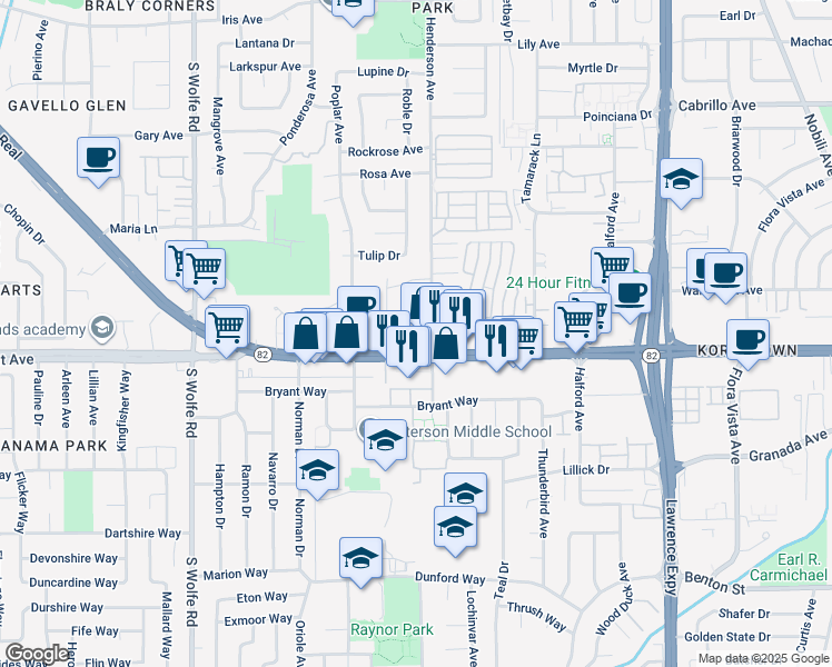 map of restaurants, bars, coffee shops, grocery stores, and more near 1039 California 82 in Sunnyvale