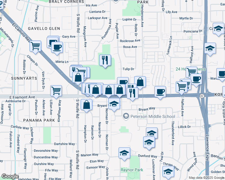 map of restaurants, bars, coffee shops, grocery stores, and more near 965 East El Camino Real in Sunnyvale