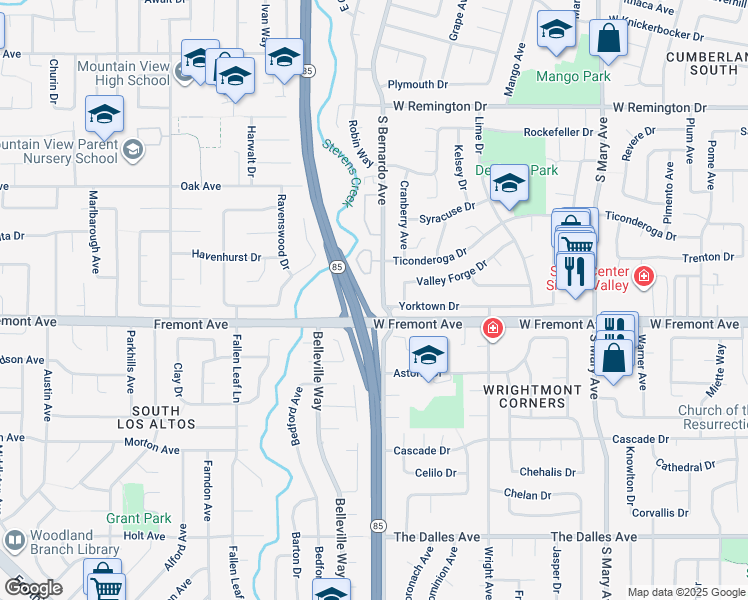 map of restaurants, bars, coffee shops, grocery stores, and more near 1292 South Bernardo Avenue in Sunnyvale