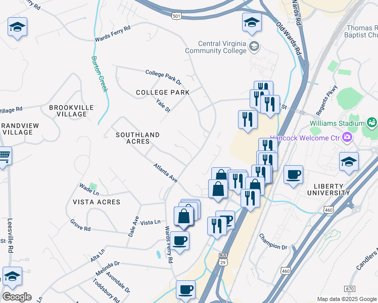 map of restaurants, bars, coffee shops, grocery stores, and more near 1307 Wards Ferry Rd in Lynchburg